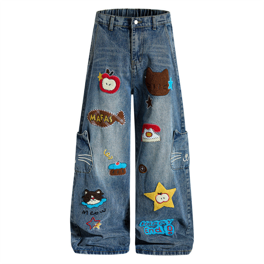 Cartoon towel embroidered denim pants