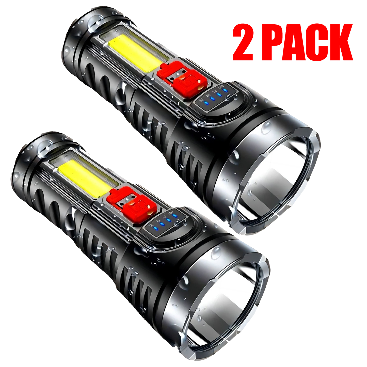 （2pack）USB Rechargeable LED Flashlight 4-Modes Camping Hiking Torch Work Light