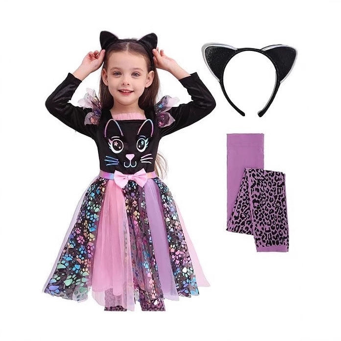 Halloween Witch Dress for Girls Cat Costume Dress Kitty Halloween Party Outfit