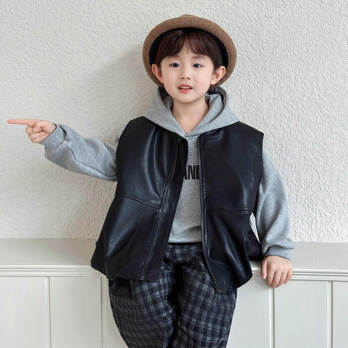 Boys Autumn Three-Piece Outfit Set with Leather Vest, Hooded Sweatshirt and - product image 2