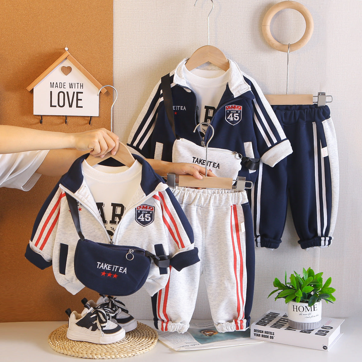 Boys 0-4 Years Old Spring Autumn Piped Letter Jacket Bag 3-Piece Set - product image 2