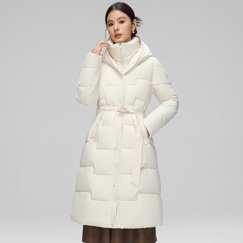 Women's Hooded Padded Long Coat with Wave Stitching