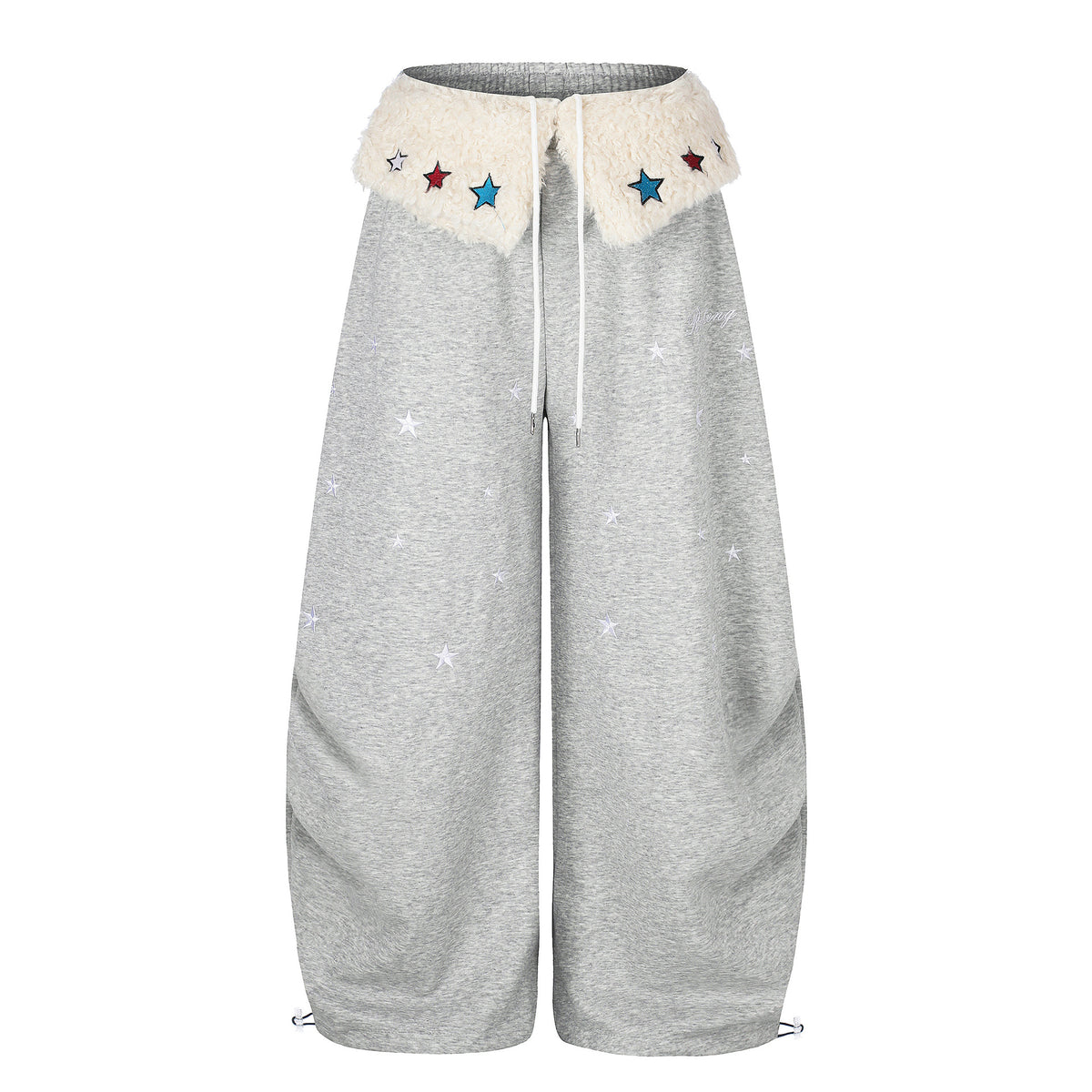 Star Embroidered Wide-Leg Sweatpants with Drawstring Waist and Cuffable Hem