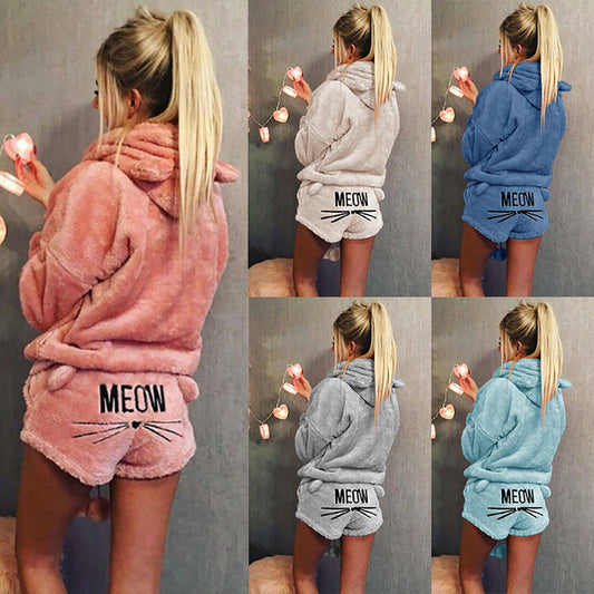 Women Pajama Sets Winter Warm Pyjamas Ladies Homewear Sleepwear Cartoon Cat Embroidery Female Nightgown Suit - 2bazar4
