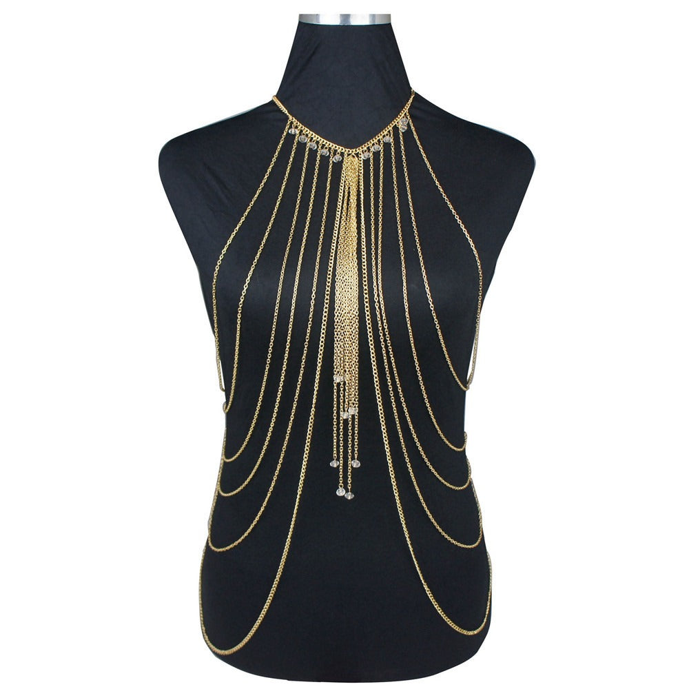 New Hot Selling Fashion Sexy Crystal Multi layered Tassel Long NecklacHot Selling Fashion Sexy Crystal Multi layered Tassel Long Necklace Body Chain Beauty Body Chain WomenMaterial: AlloySize：45cm+6cm