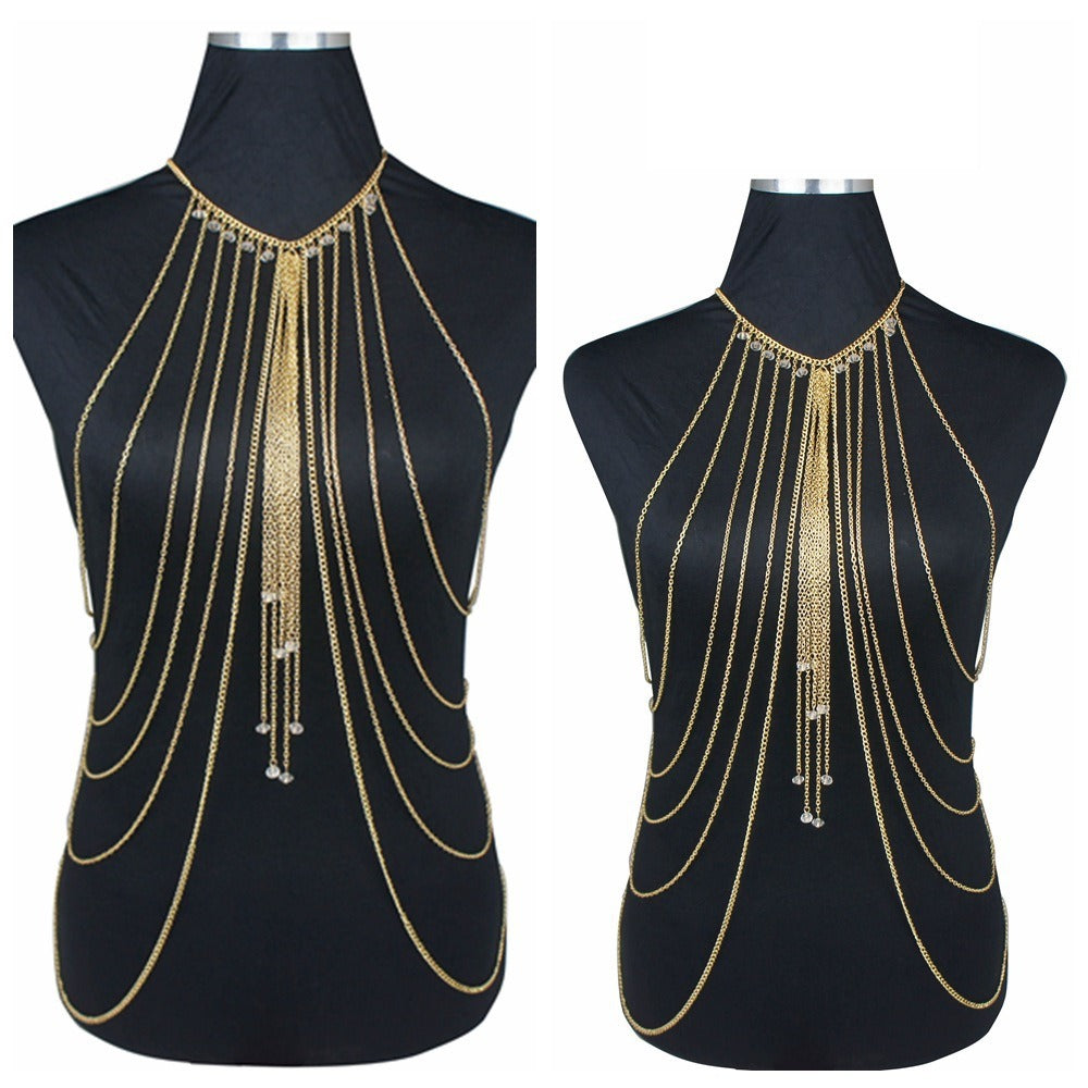 New Hot Selling Fashion Sexy Crystal Multi layered Tassel Long NecklacHot Selling Fashion Sexy Crystal Multi layered Tassel Long Necklace Body Chain Beauty Body Chain WomenMaterial: AlloySize：45cm+6cm