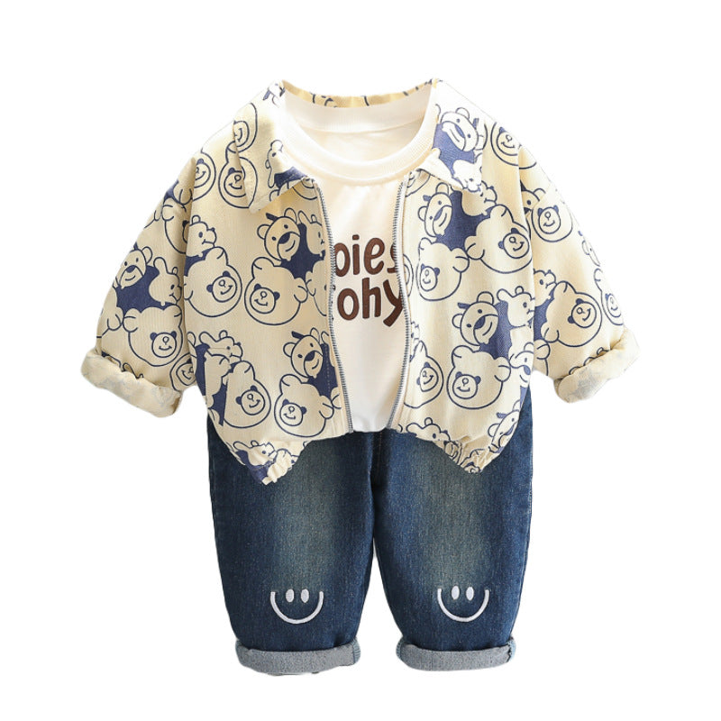 Toddler Bear Print 3-Piece Outfit Set – Zip Jacket & Trousers
