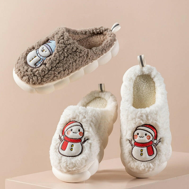 Cute Snowman Slippers Winter Indoor Household Warm Plush Thick-Soled Anti-slip Couple Home Slipper Soft Floor Bedroom House Shoe - 2bazar4