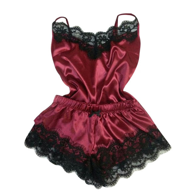 Women's Sleepwear Sexy Satin Pajama Set Black Lace V-Neck Pyjamas Sleeveless Cute Cami Top and Shorts pijama mujer algodon veran - 2bazar4