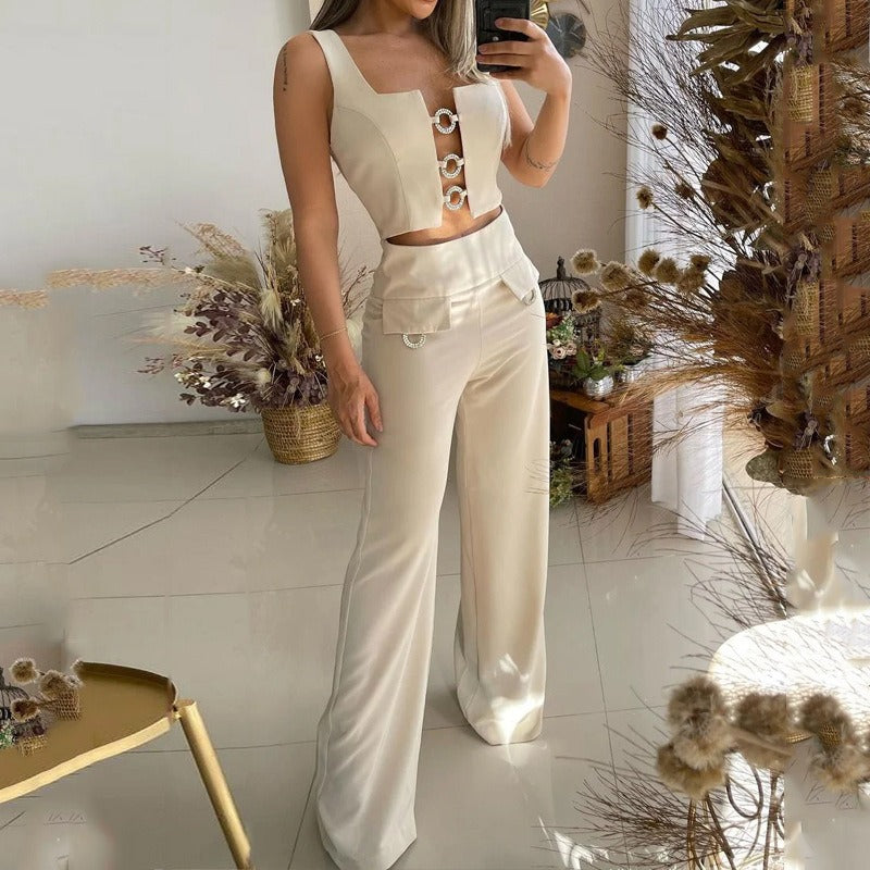 Fashion Womens Set Sexy Sleeveless Square Neck Top Loose Flare Pants Two Piece Set - 2bazar4