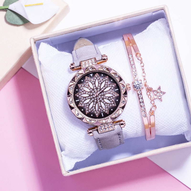 New Fashion Leather Strap Watch Women Quartz Watch Romantic Starry Sky Wrist Watch Bracelet Set for Women Gift Wrist Accessories