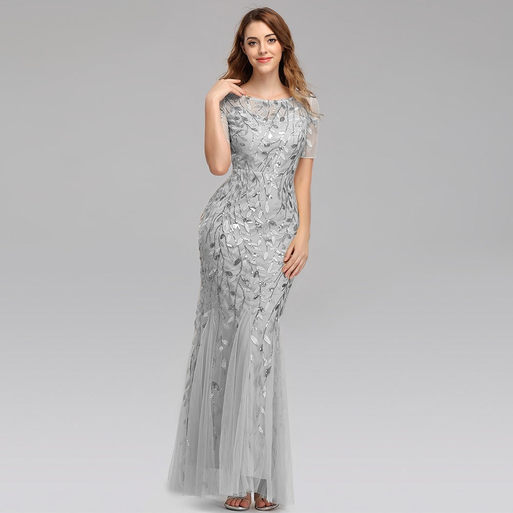 Slim fitting mesh sequin evening dress fishtail dress for women