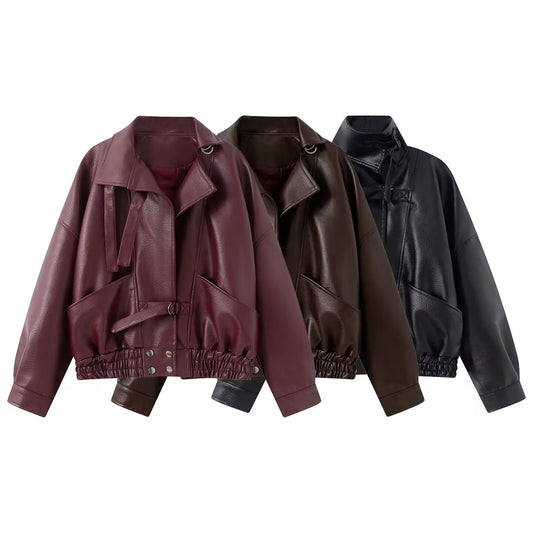Women's Vintage Belted Faux Leather Motorcycle Jacket
