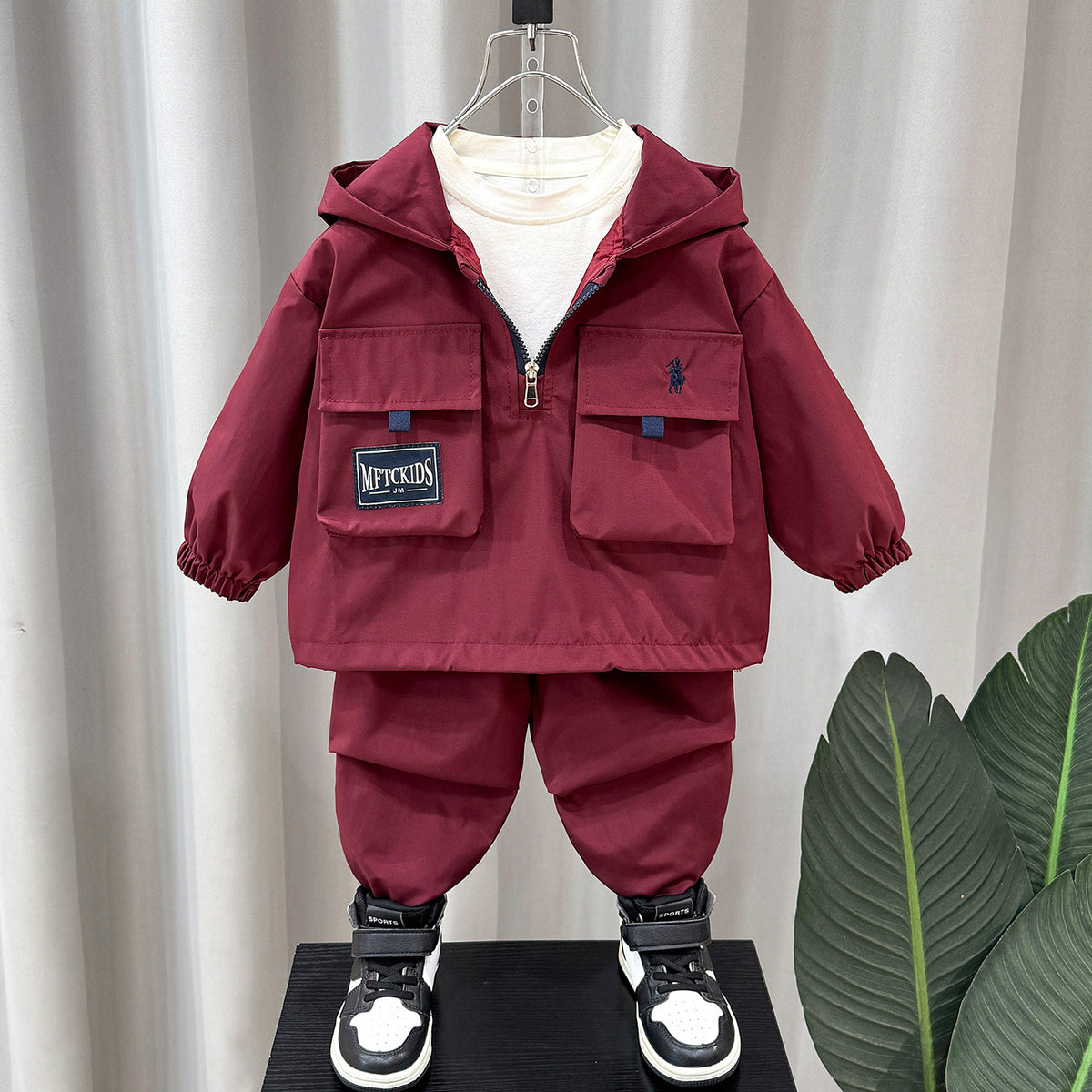 Boys' Cargo Hooded Jacket & Pants Set – Red/Navy