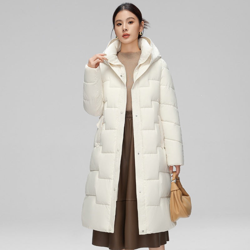 Women's Hooded Padded Long Coat with Wave Stitching