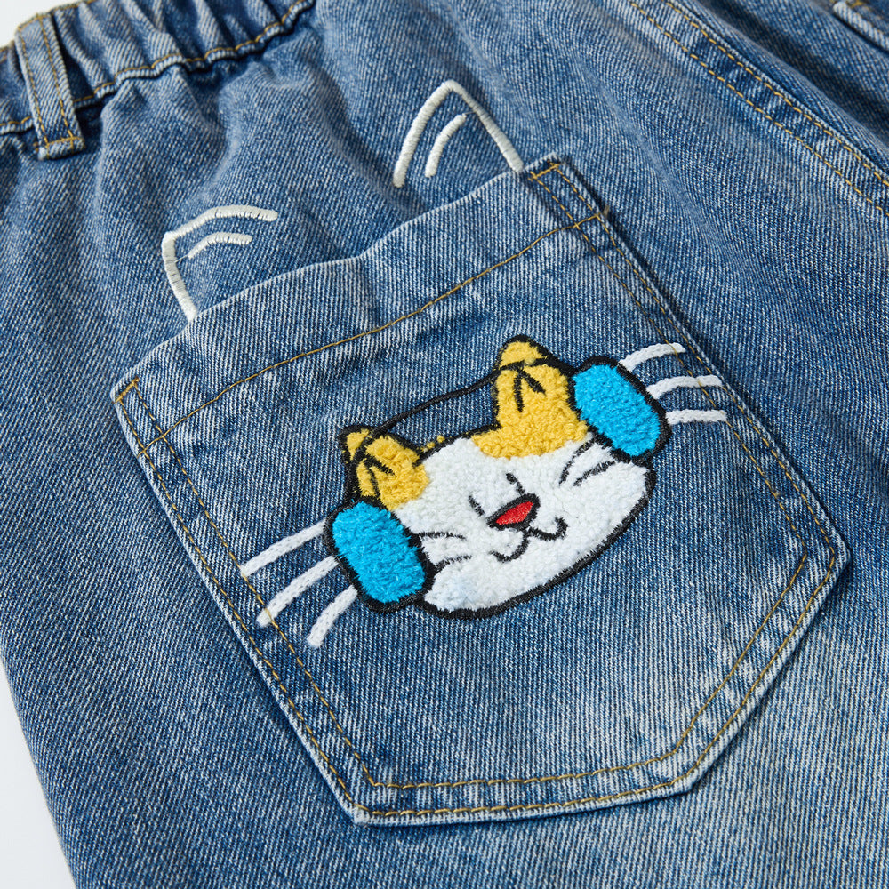 Cartoon towel embroidered denim pants