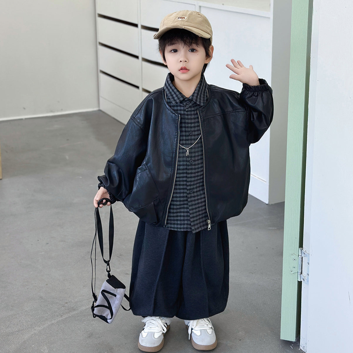 Boys Leather Jacket 3-Piece Set with Shirt and Striped Pants - product image 2