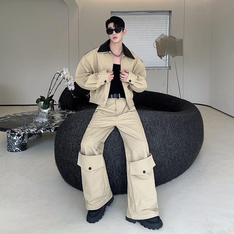 Men's Cropped Jacket & Wide-Leg Cargo Trousers Set