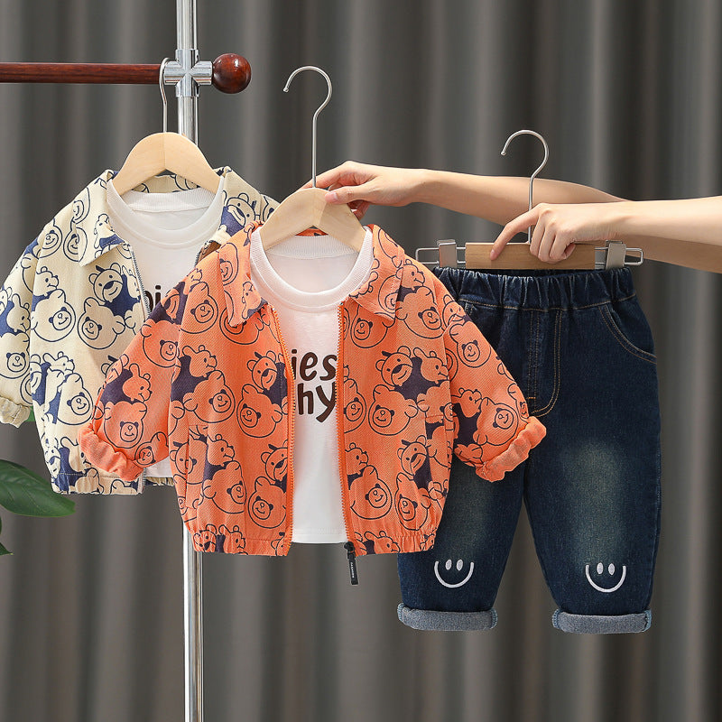 Toddler Bear Print 3-Piece Outfit Set – Zip Jacket & Trousers