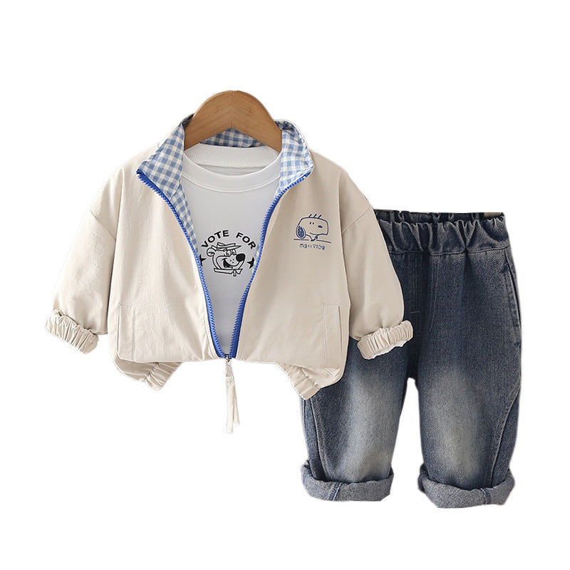 Casual Cartoon Printed Dog Head Zip-Up Jacket Three-Piece Set for Toddler Boys - product image 5