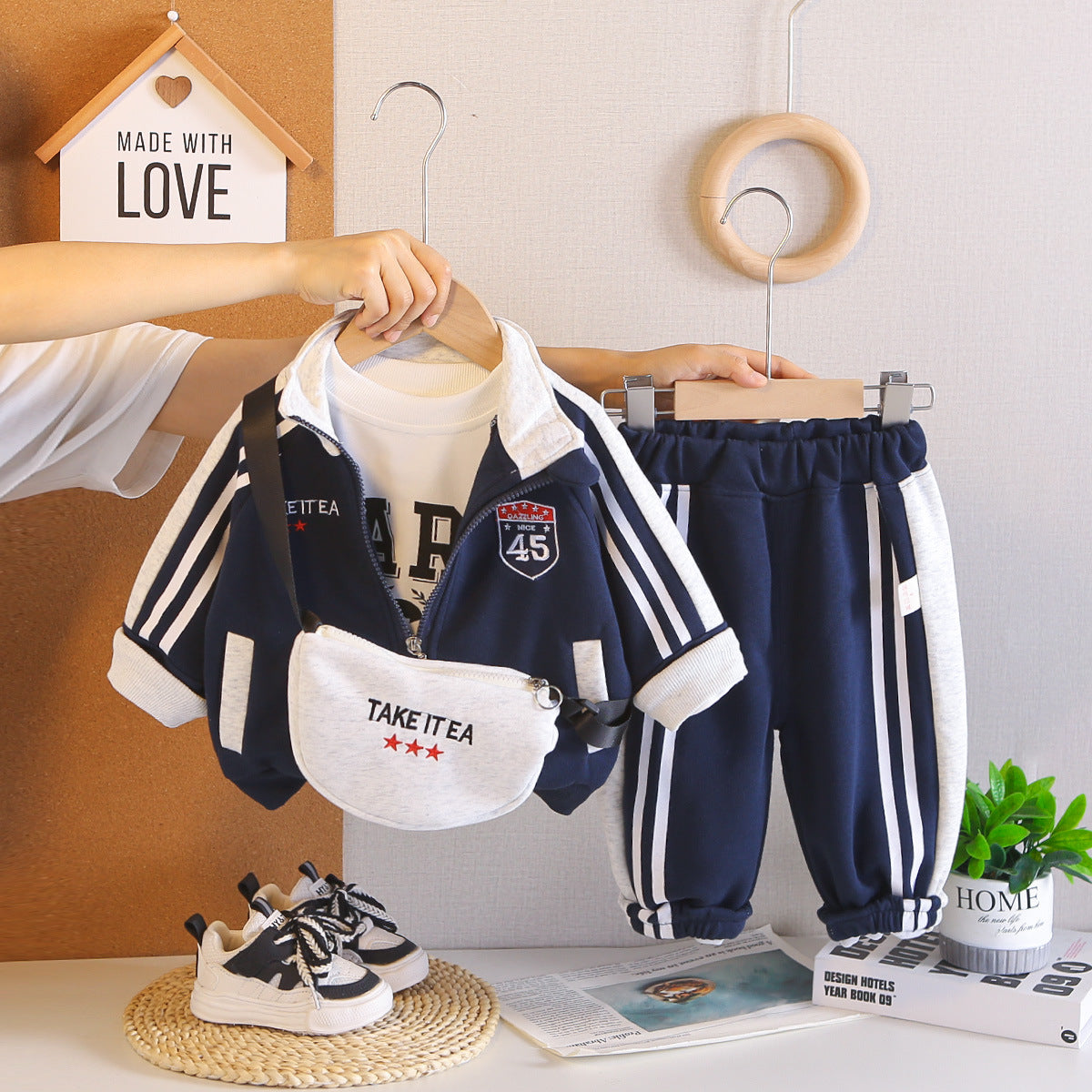 Boys 0-4 Years Old Spring Autumn Piped Letter Jacket Bag 3-Piece Set - product image 3