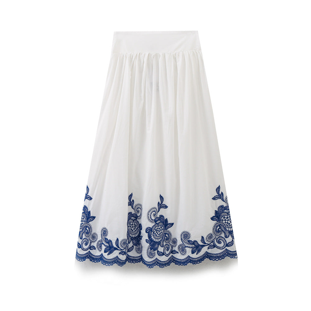 Loose Embroidered Long Sleeve Blouse + High Waist Embroidered Skirt for Women