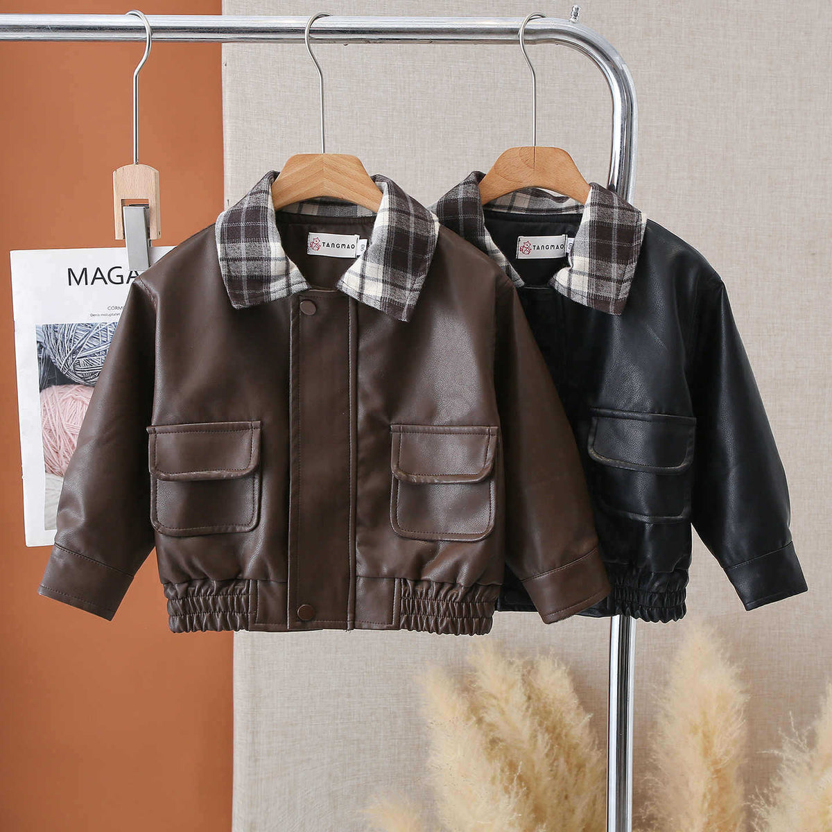 Boys Casual PU Leather Open Front Jacket