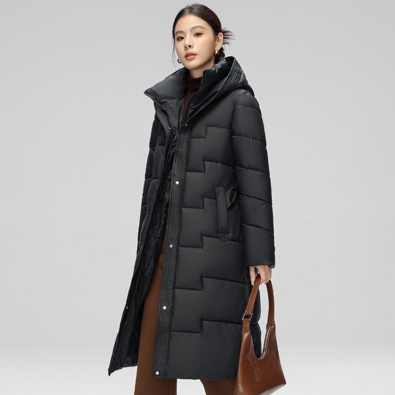 Women's Hooded Padded Long Coat with Wave Stitching