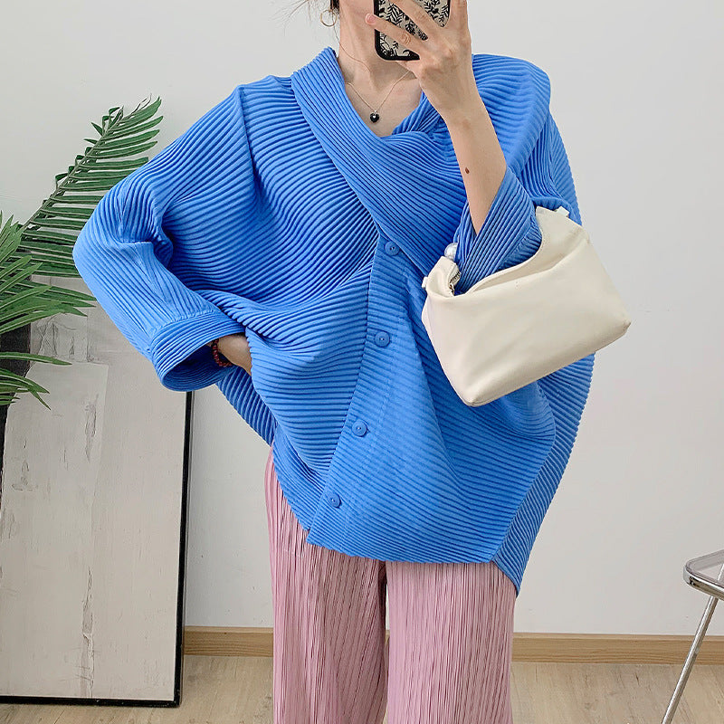 Scarf collar pleated jacket for women, autumn and winter new style, loose and slim fit cardigan top - 2bazar4
