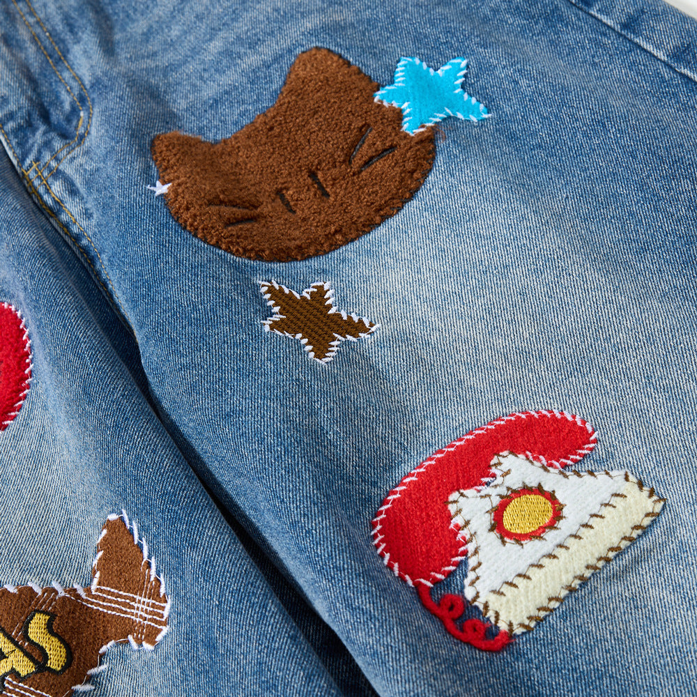 Cartoon towel embroidered denim pants