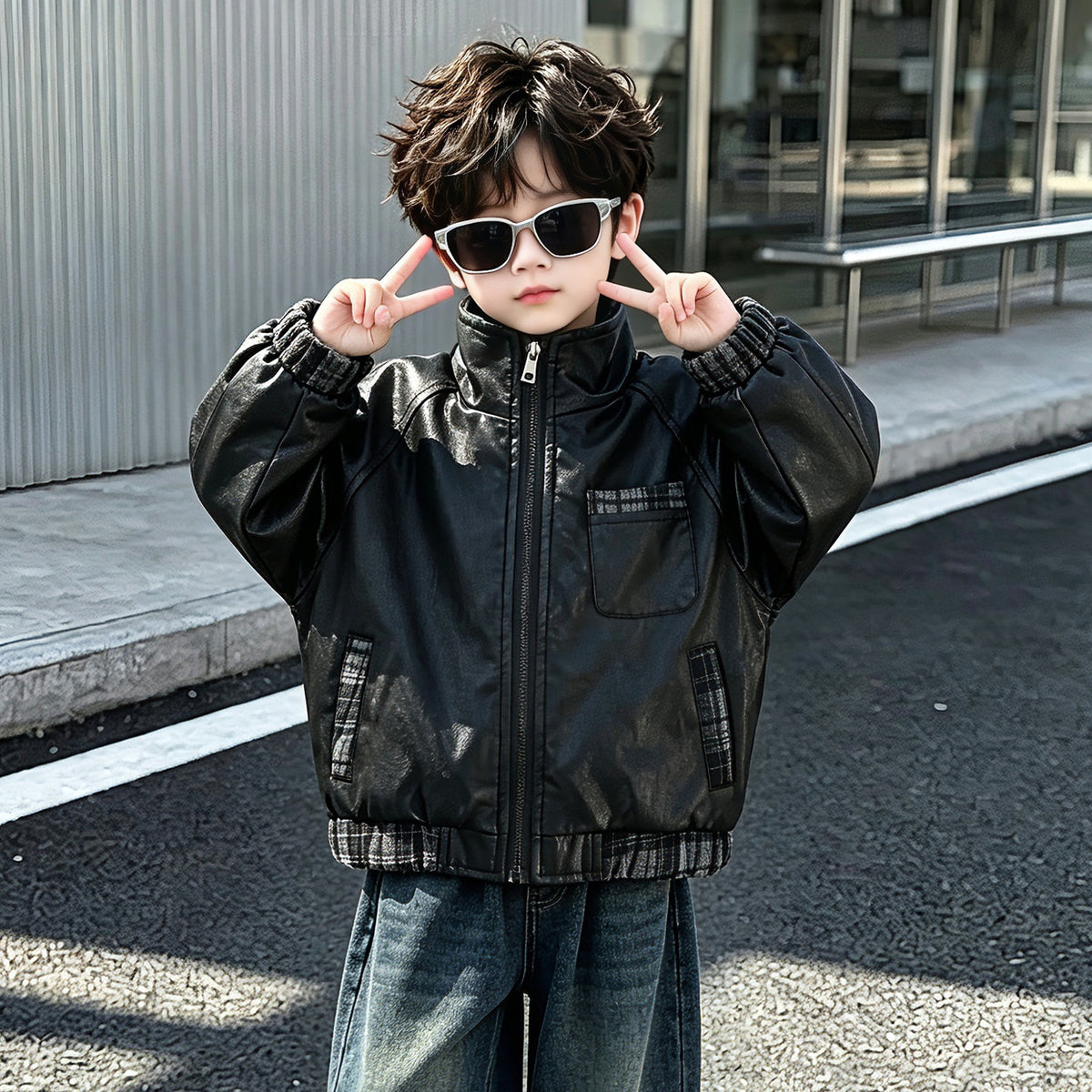 Boys' Trendy PU Leather Motorcycle Jacket Spring Autumn Cool Outerwear - product image 4