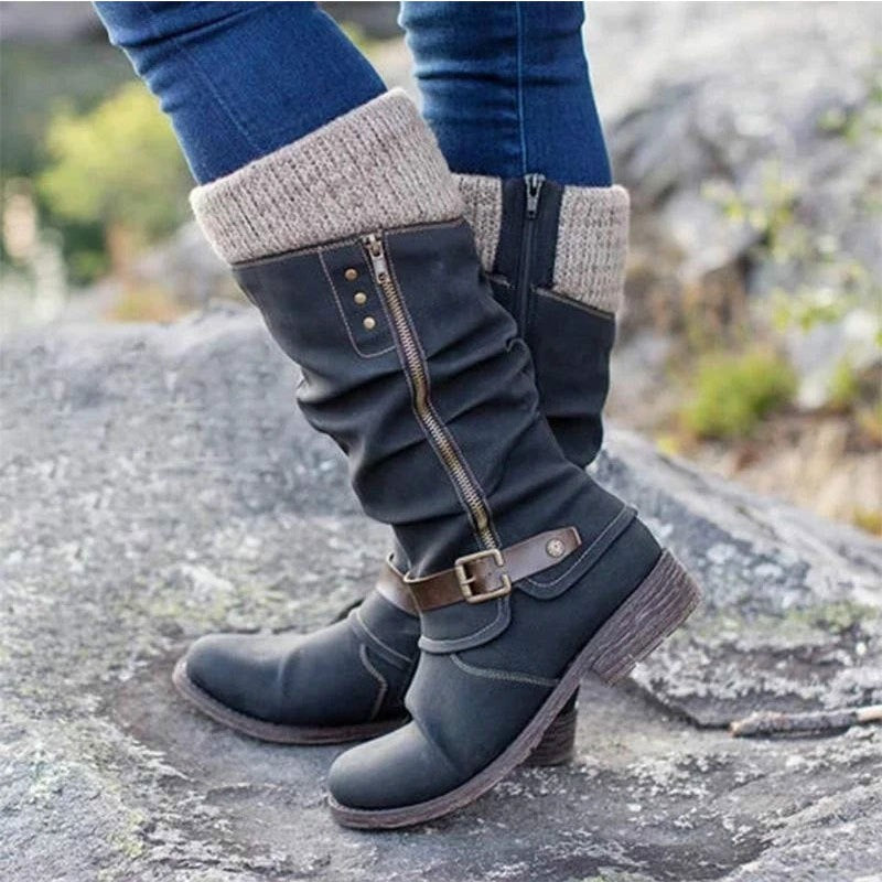 Large size mid length knight boots, new thick heeled side zippered woolen patchwork women's boots