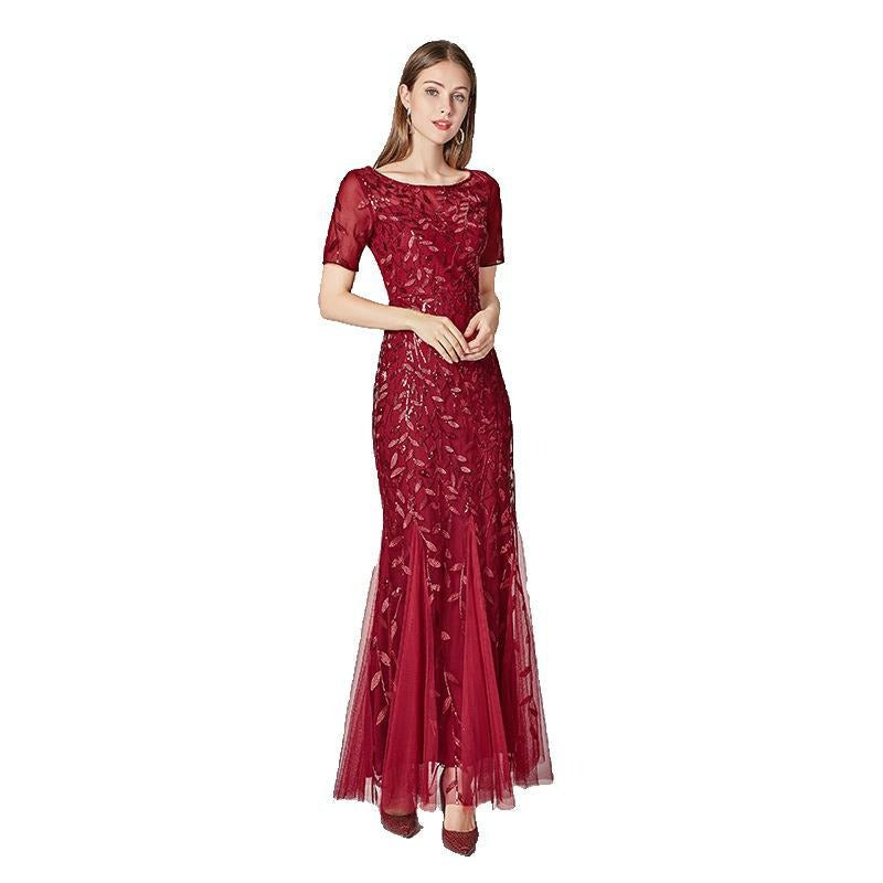 Slim fitting mesh sequin evening dress fishtail dress for women