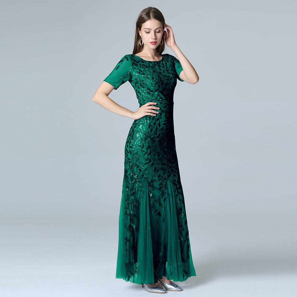 Slim fitting mesh sequin evening dress fishtail dress for women