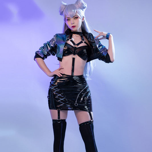 League of Legends cosplay costume KDA girl group widow Evelyn cosplay wig light purple long hair double package