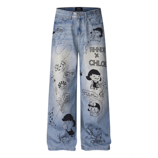 Women's Cartoon Graffiti Printed Distressed Washed Denim Wide Leg Straight Pants