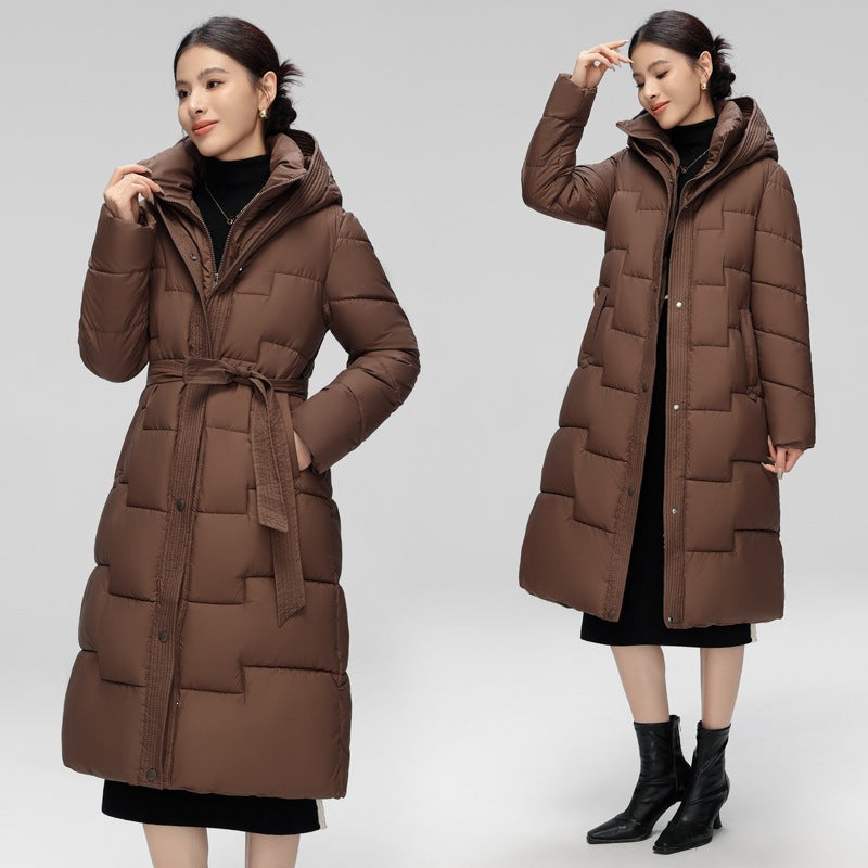 Women's Hooded Padded Long Coat with Wave Stitching
