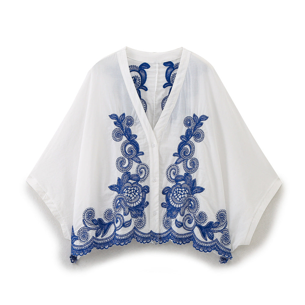 Loose Embroidered Long Sleeve Blouse + High Waist Embroidered Skirt for Women