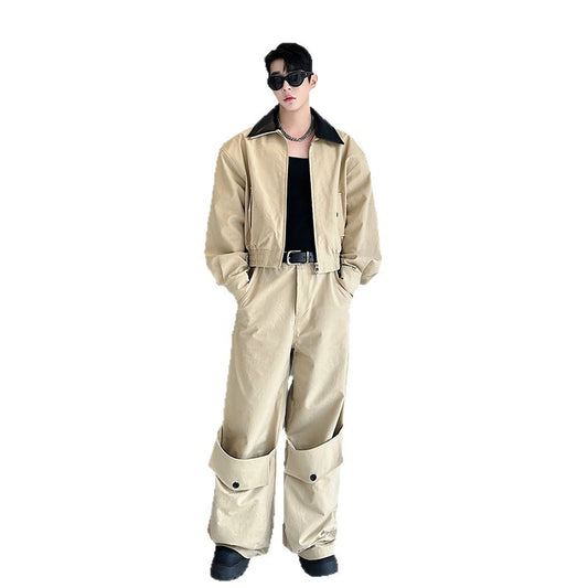 Men's Cropped Jacket & Wide-Leg Cargo Trousers Set