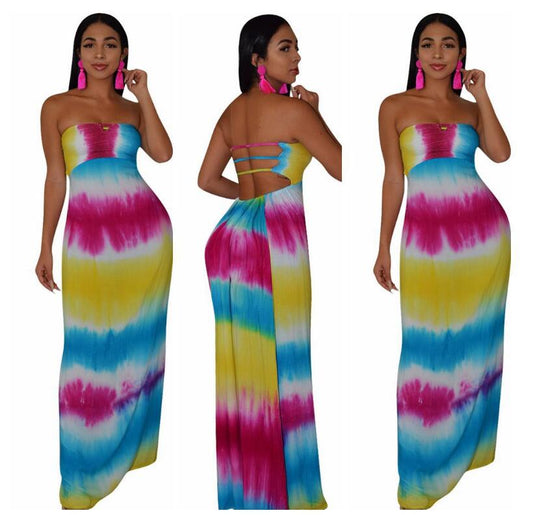 Women Summer Strapless Tie Dye Stripe Print Lace Up Hollow Out Back Maxi Dress Bohemian Elegant Long Beach Dresses Vestidos - 2bazar4