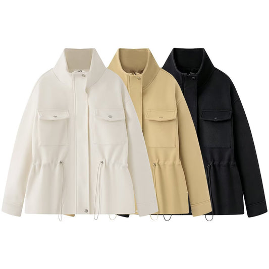 Zip-Up Stand Collar Adjustable Waist Jacket