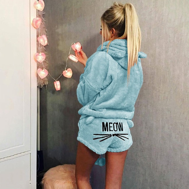Women Pajama Sets Winter Warm Pyjamas Ladies Homewear Sleepwear Cartoon Cat Embroidery Female Nightgown Suit - 2bazar4
