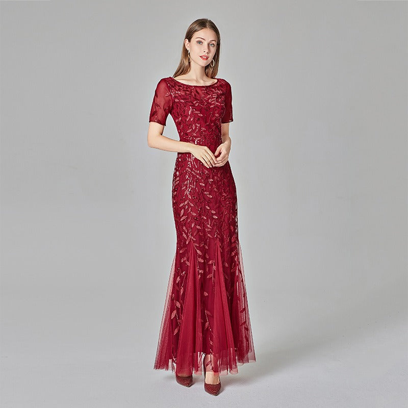 Slim fitting mesh sequin evening dress fishtail dress for women