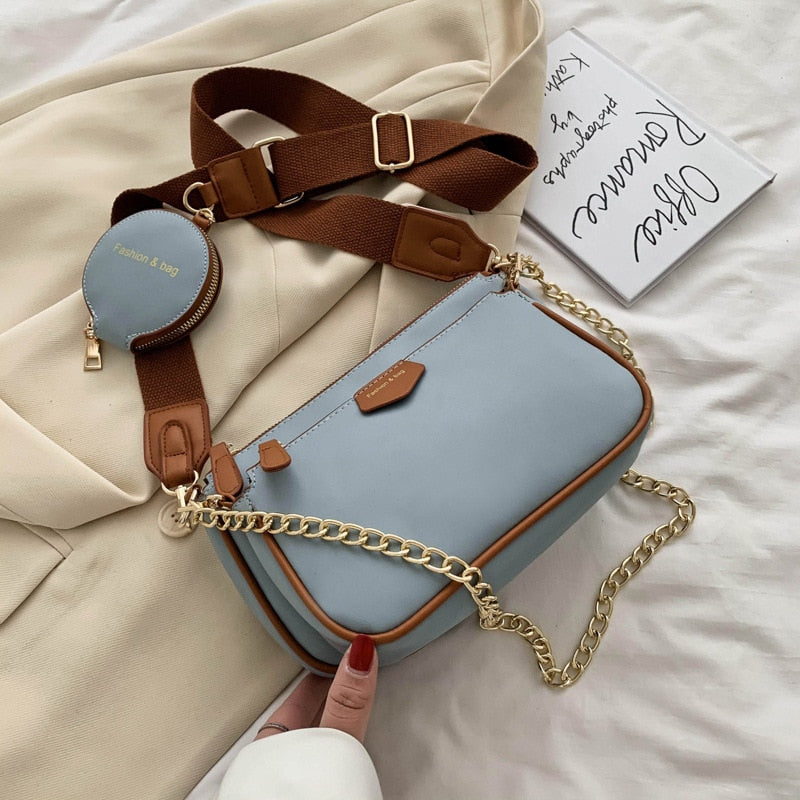 fashion chains women shoulder bags designer wide strap messenger bags luxury pu leather crossbody bag lady small purse 3 bag set eprolo