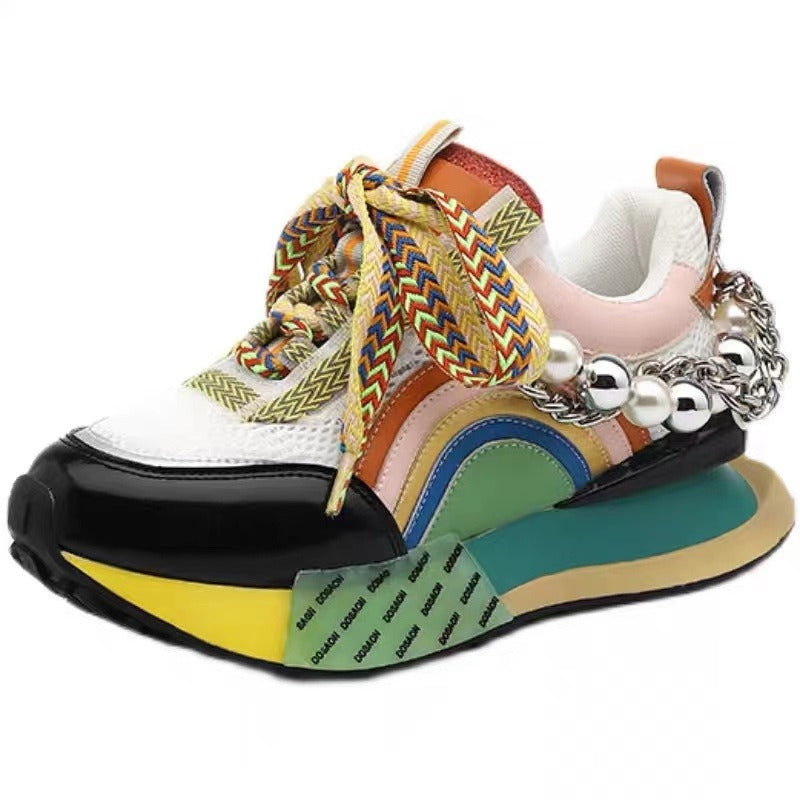 Women Leather Sneakers Lace Up Rainbow Colors Platform Shoes Pearls Chain - 2bazar4