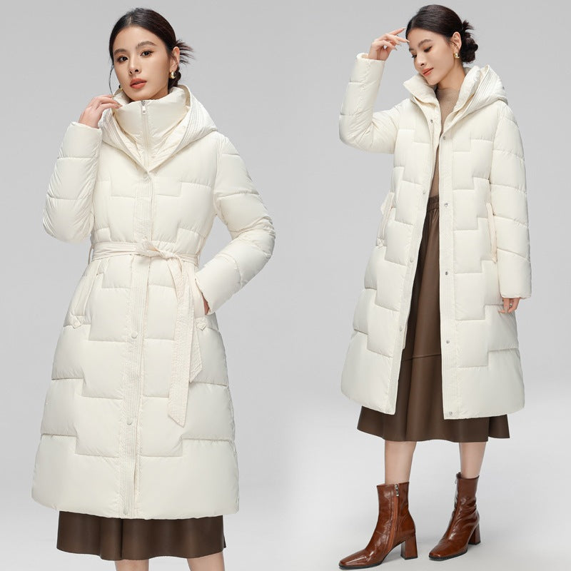 Women's Hooded Padded Long Coat with Wave Stitching