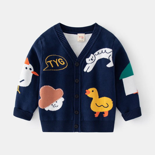 Boys' Autumn Double-Layer Cotton Knit Cardigan Jacket with Cartoon Jacquard