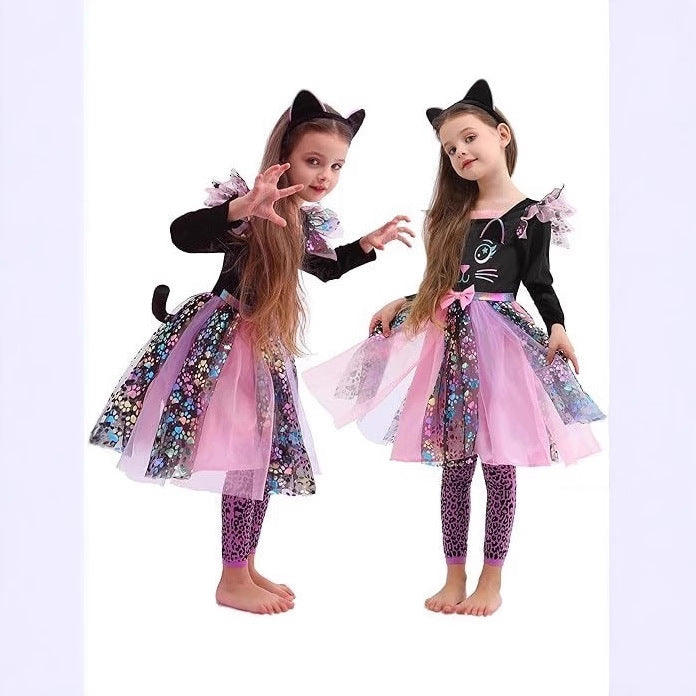 Halloween Witch Dress for Girls Cat Costume Dress Kitty Halloween Party Outfit