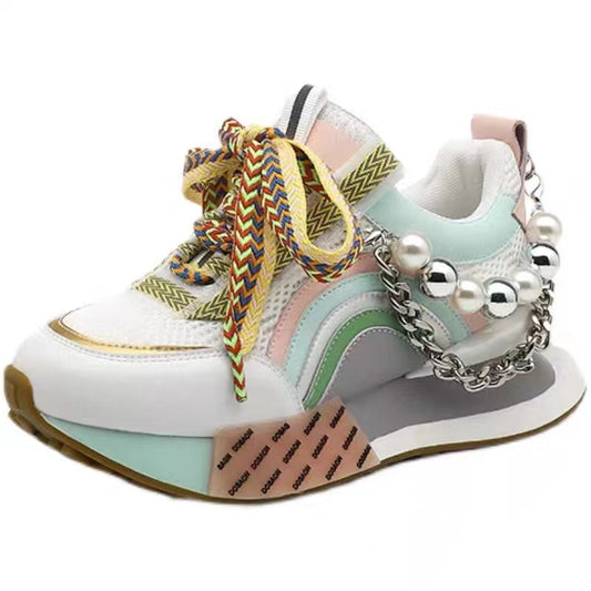 Womens Genuine Leather Sneakers Lace Up Rainbow Colors Platform Pearls Chain Decor Girls Shoes - 2bazar4