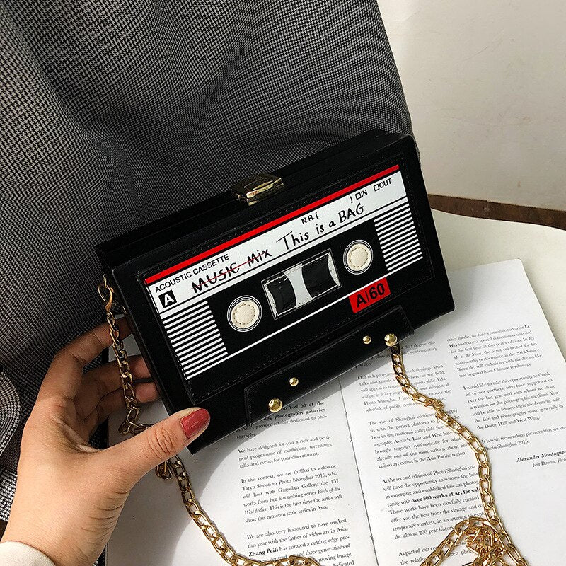 Women Shoulder Bag New Tape Recorder Cute Funny Cartoon Leather Chain Crossbody Bag for Female Day Clutches